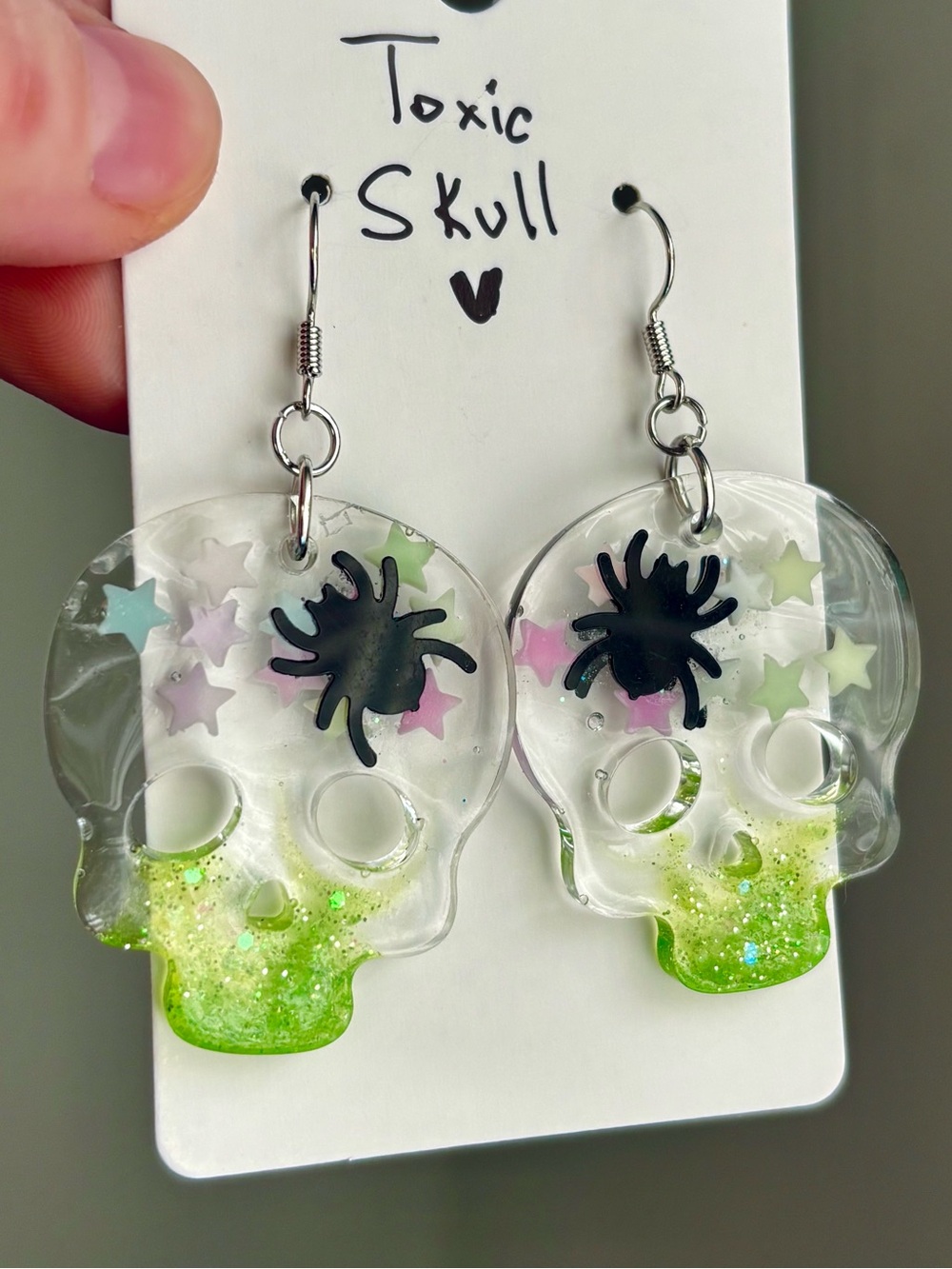 Toxic Skull Spider Earrings Glow in the Dark Resin Halloween Gothic Jewelry